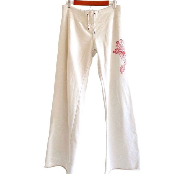 Lucky Brand Women’s Off White Rare Embroidered Wide Leg Relaxed Fit Sweatpants M - Picture 2 of 10